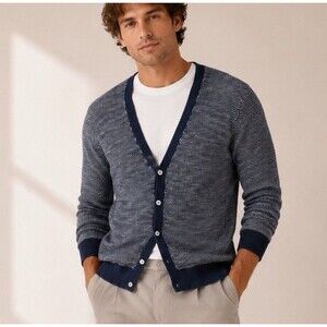 VNECK BRAND Cardigan Navy Blue Textured Men Sz M Grandpa Core Preppy Coastal EUC